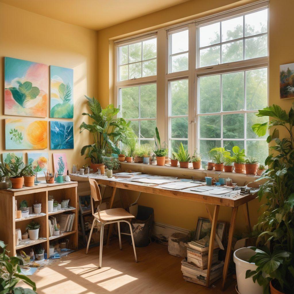 A vibrant and colorful artist's studio filled with canvases depicting nature and climate themes, with splashes of paint representing creativity. Include a joyful artist painting while surrounded by lush plants and recycled art pieces. Sunlight streaming through a window, highlighting eco-friendly materials everywhere. In the background, incorporate subtle symbols of climate awareness like recycling logos and earth motifs. vector art. vibrant colors. soft pastel background.