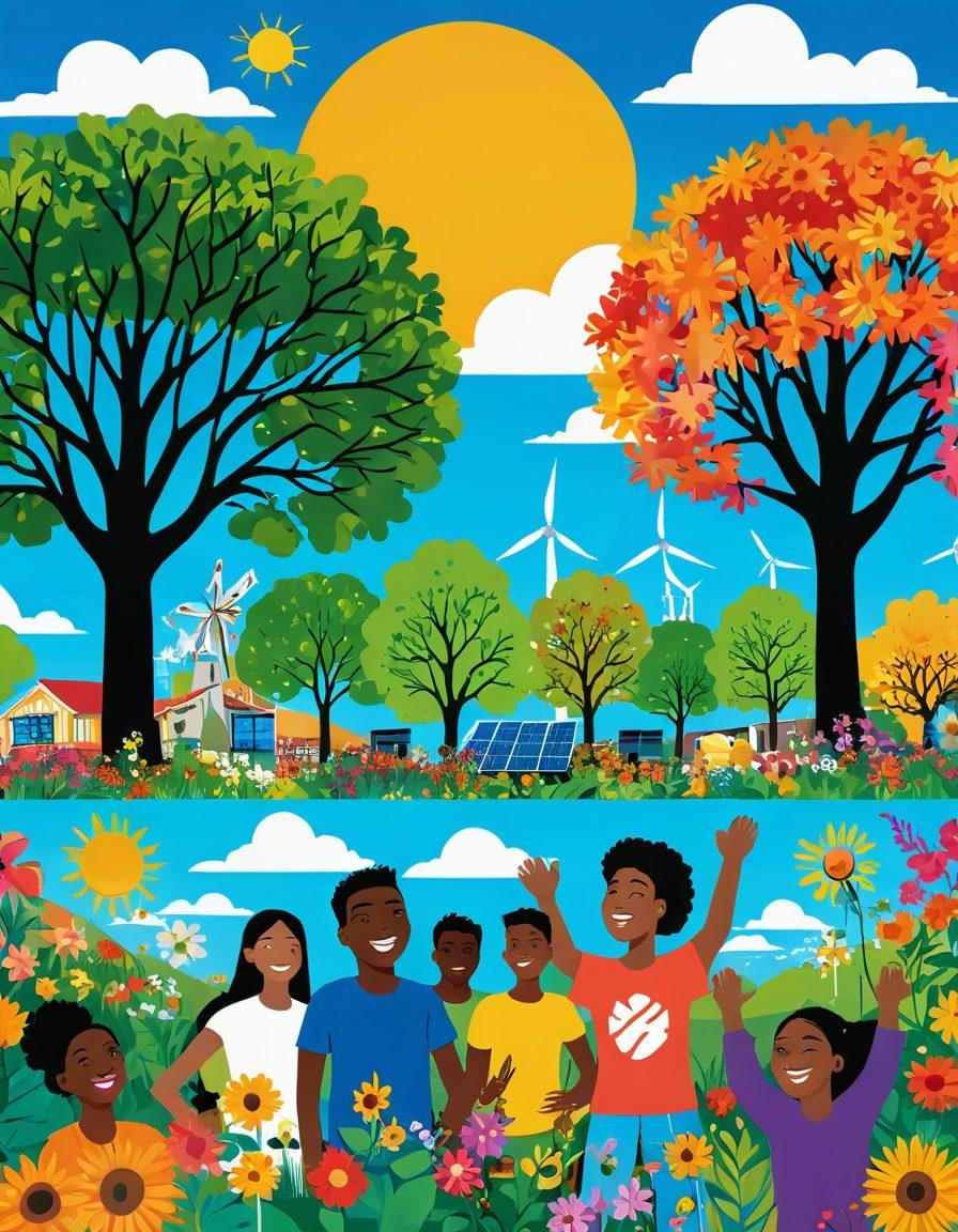 A vibrant mural depicting diverse individuals with joyful expressions, painting a colorful landscape filled with green trees, blooming flowers, and clear skies. Incorporate symbols of climate advocacy like solar panels, wind turbines, and recycling signs. The scene should radiate positivity and hope, showcasing a community uniting for a sustainable future. Include artistic graffiti elements and a bright sun in the backdrop. colorful vector art. upbeat and cheerful style.
