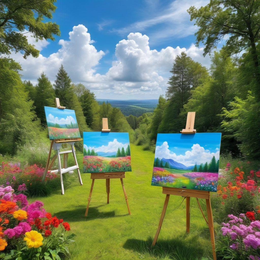 A vibrant landscape of a lush green forest with various artists painting on easels, showcasing their creativity while surrounded by colorful flowers and wildlife. Above, a clear blue sky with fluffy clouds, symbolizing hope. Integrate elements of recycling and sustainability, such as a sculpture made from recycled materials. Bright and uplifting atmosphere, capturing the joy of art and nature harmoniously coexisting. super-realistic. vibrant colors. white background.